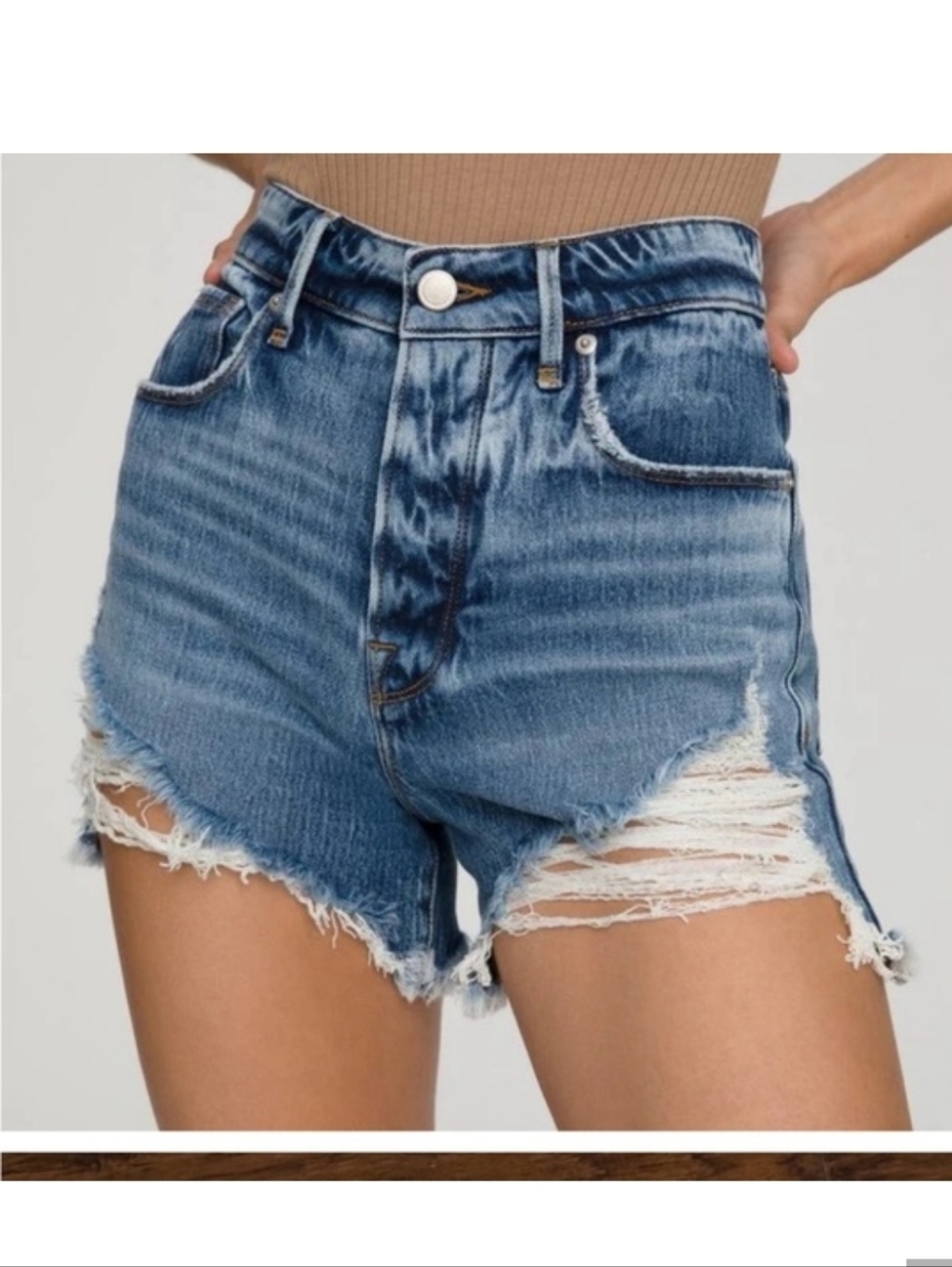 Good American Distressed Bombshell High-Rise Denim Shorts 2/26